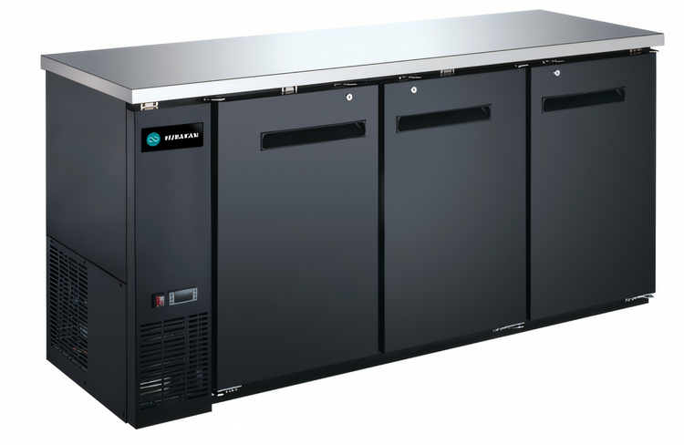 Product image #1 for Hurakan by Equip.me 72-Inch Narrow 3-Door Back Bar Refrigerator, Self-Contained, Black Exterior