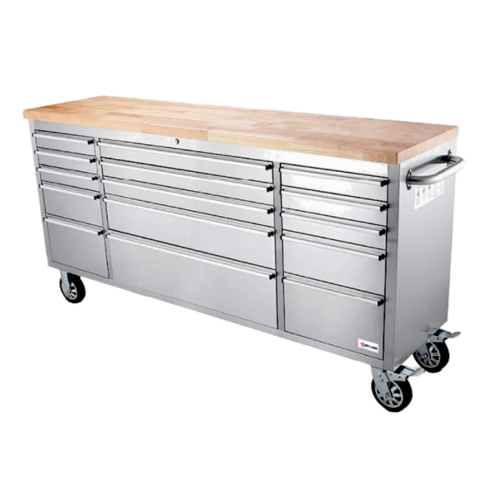 Product image #1 for Omcan Mobile Stainless Steel Work Bench with Rubberized Wood Top and 15 Locking Drawers, 72 x 22 Inches