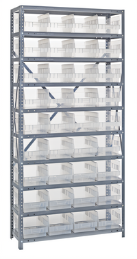 Quantum Heavy Duty Stationary Wire Shelving Unit with 13 Shelves and 36 Clear Bins, 36