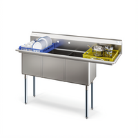 KoolMore 3-Compartment Commercial Floor Model Stainless Steel Sink with Right-Hand Drainboard and Backsplash, 63 Inch