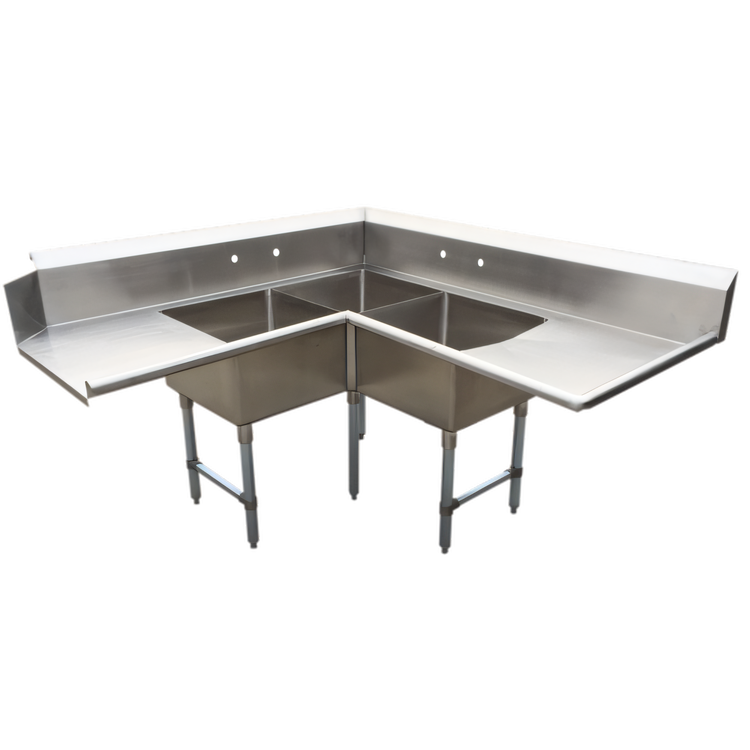 Product image #1 for BK Resources Corner Three-Compartment Soiled Dishtable with 10" Backsplash, Left-to-Right, Stainless Steel