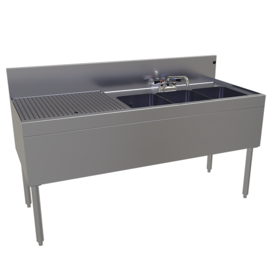 Product image #1 for Glastender Three-Compartment Underbar Sink Unit with Left Drainboard and Deck-Mount Faucet, 60 Inch Wide x 24 Inch Deep