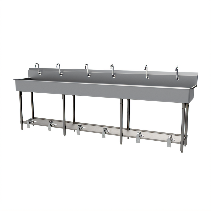 Product image #1 for Advance Tabco 6-Station Freestanding Multiwash Hand Sink with Toe-Push Valves and Gooseneck Spouts