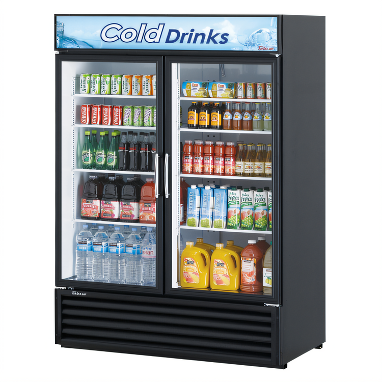 Product image #1 for Turbo Air Two-Section Black Glass Door Refrigerated Merchandiser, 45.97 Cu. Ft., Self-Contained, Bottom-Mount Compressor