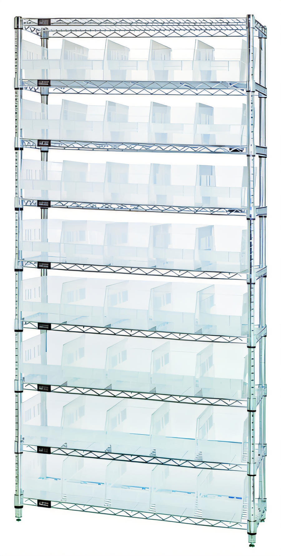 Product image #1 for Quantum WR9-204CL 36-Inch W x 18-Inch D x 74-Inch H Chrome Plated Stationary Wire Shelving System with 9 Shelves and 40 Clear Bins