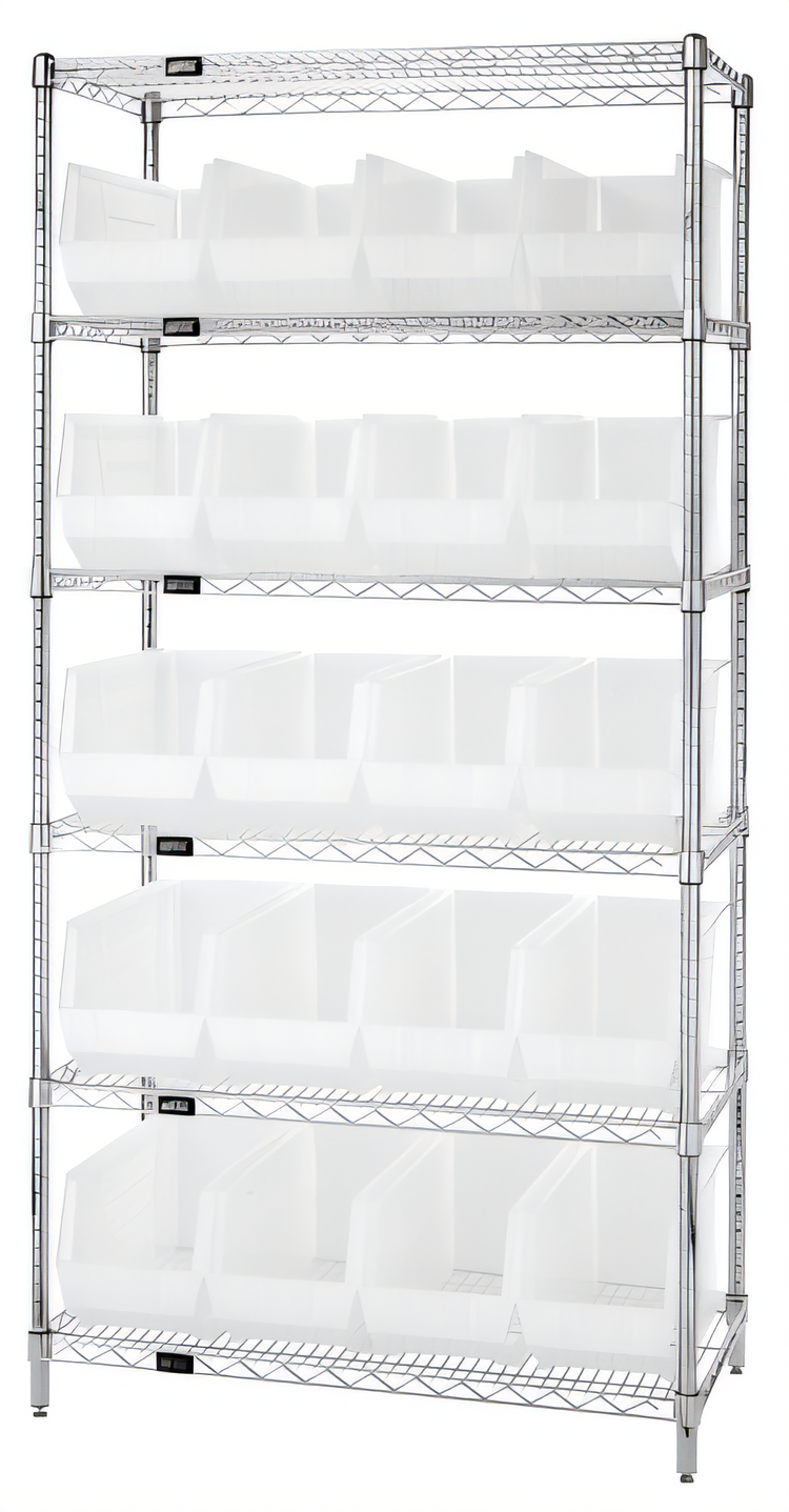 Product image #1 for Stationary 6-Shelf Wire Shelving Bin System with 20 Clear Containers, 36 x 18 x 74 Inches, Chrome Plated