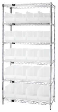 Stationary 6-Shelf Wire Shelving Bin System with 20 Clear Containers, 36 x 18 x 74 Inches, Chrome Plated