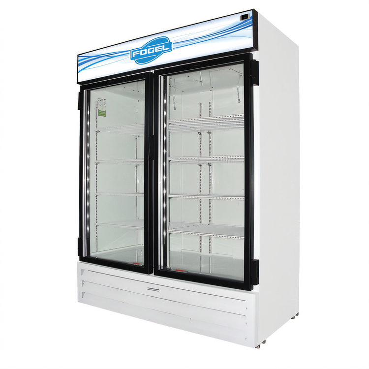 Product image #1 for Fogel Two-Section Glass Door Reach-In Refrigerator Merchandiser, 45 Cu. Ft., Bottom-Mounted Self-Contained