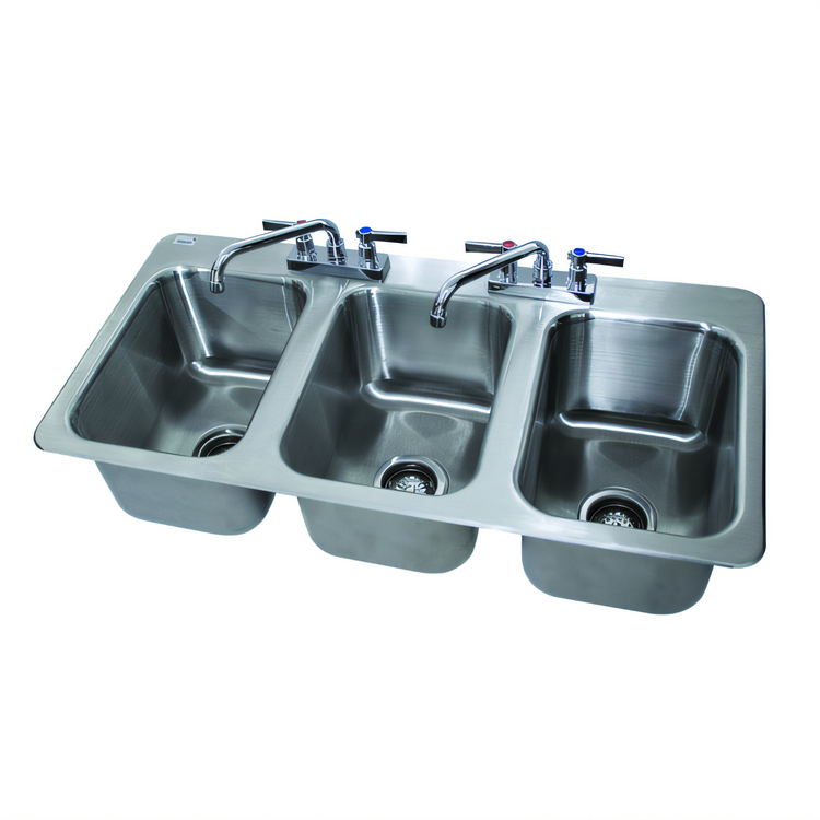 Product image #1 for Advance Tabco Three-Compartment Drop-In Stainless Steel Sink with Faucets and Basket Drain, 10 x 14 x 10 Inch Bowls