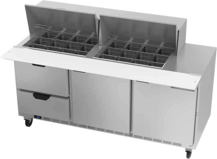 Product image #1 for Beverage-Air 72-Inch Three-Section Mega Top Refrigerated Sandwich Prep Table with 24-Pan Rail, 2 Drawers, and 2 Doors