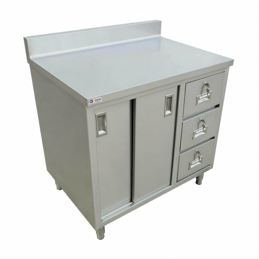Product image #1 for Omcan Stainless Steel Enclosed Work Table with Sliding Doors and 3 Drawers, 48 x 30 Inches