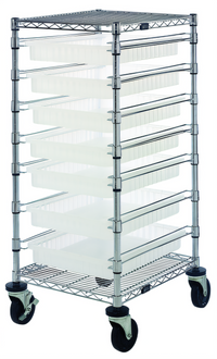 Quantum Mobile Bin Cart with 2 Wire Shelves and 7 Clear Bins, 21 x 24 x 45 Inches, Chrome Plated