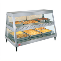 Hatco Glo-Ray® Electric Countertop Heated Display Case, 3-Pan Dual Shelf, See-Thru, Rear Sliding Doors