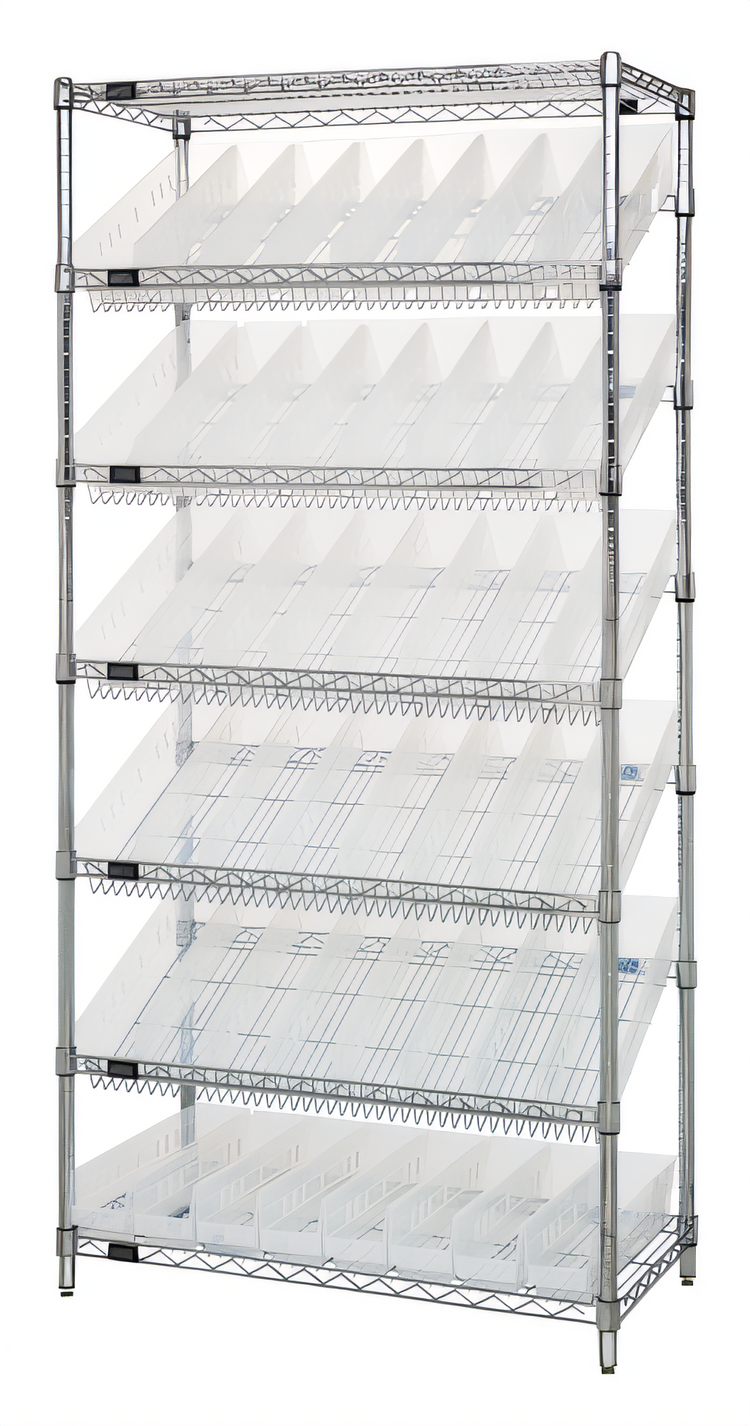 Product image #1 for Quantum Stationary Chrome-Plated Wire Shelving Bin System with 48 Clear Bins, 36W x 18D x 74H