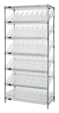 Quantum Stationary Chrome-Plated Wire Shelving Bin System with 48 Clear Bins, 36W x 18D x 74H