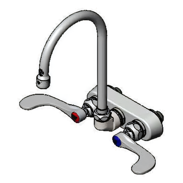 Product image #1 for T&S Brass Wall-Mount Workboard Faucet with 4-Inch Centers, 5-3/4-Inch Swivel Gooseneck, Wrist Action Handles, and 1.5 GPM Aerator