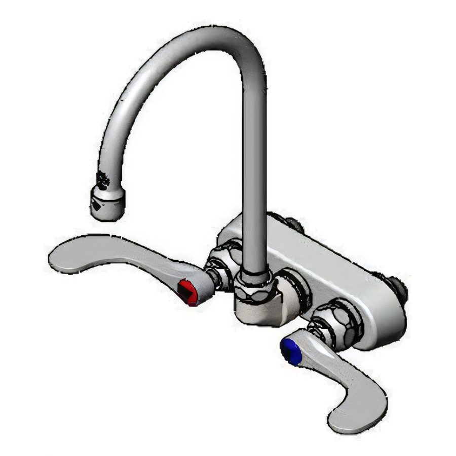 Product image #1 for T&S Brass Wall-Mount Workboard Faucet with 4-Inch Centers, 5-3/4-Inch Swivel Gooseneck, Wrist Action Handles, and 1.5 GPM Aerator