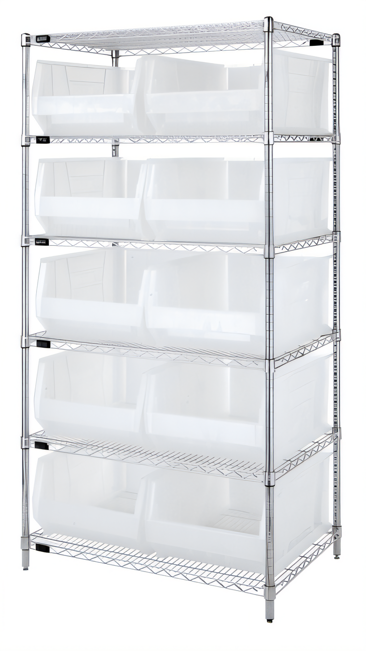 Product image #1 for Quantum 36-Inch Wide 6-Shelf Chrome Plated Stationary Bin Wire Shelving System with 10 Clear Bins