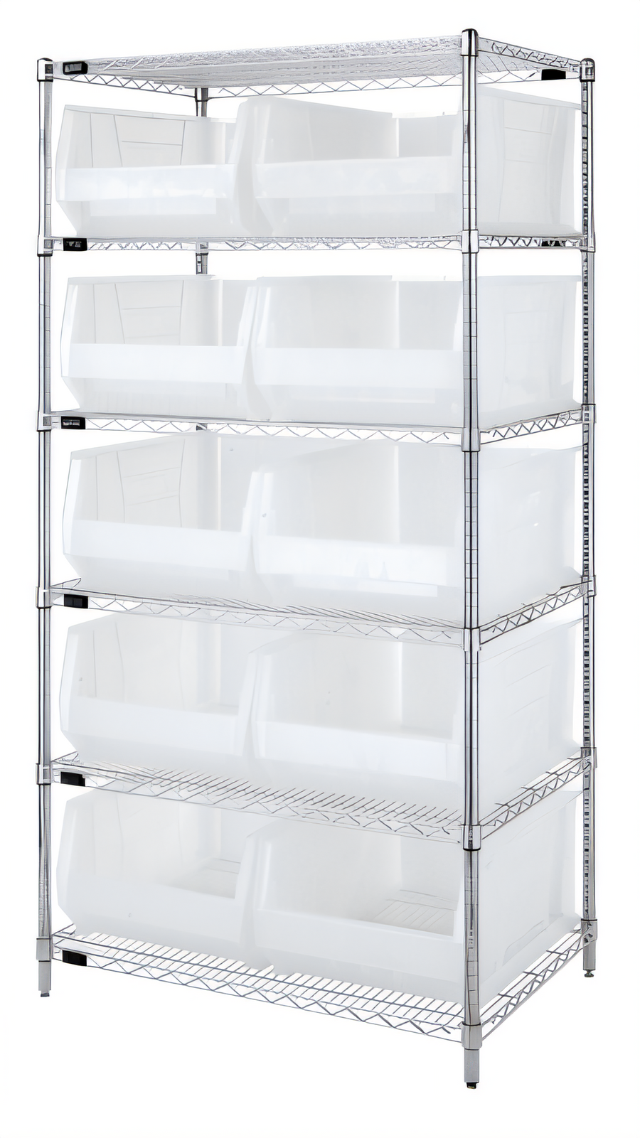 Product image #1 for Quantum 36-Inch Wide 6-Shelf Chrome Plated Stationary Bin Wire Shelving System with 10 Clear Bins