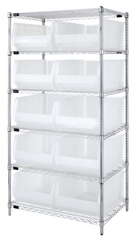 Quantum 36-Inch Wide 6-Shelf Chrome Plated Stationary Bin Wire Shelving System with 10 Clear Bins