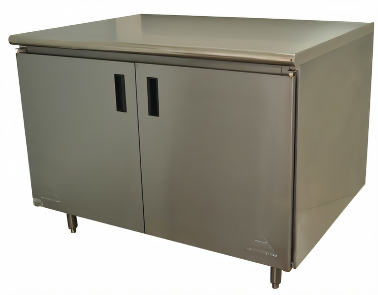 Product image #1 for Advance Tabco Special Value Series 60-Inch x 30-Inch Enclosed Work Table with Cabinet Base, Mid-Shelf, Hinged Doors, and 16-Gauge 304 Stainless Steel Top