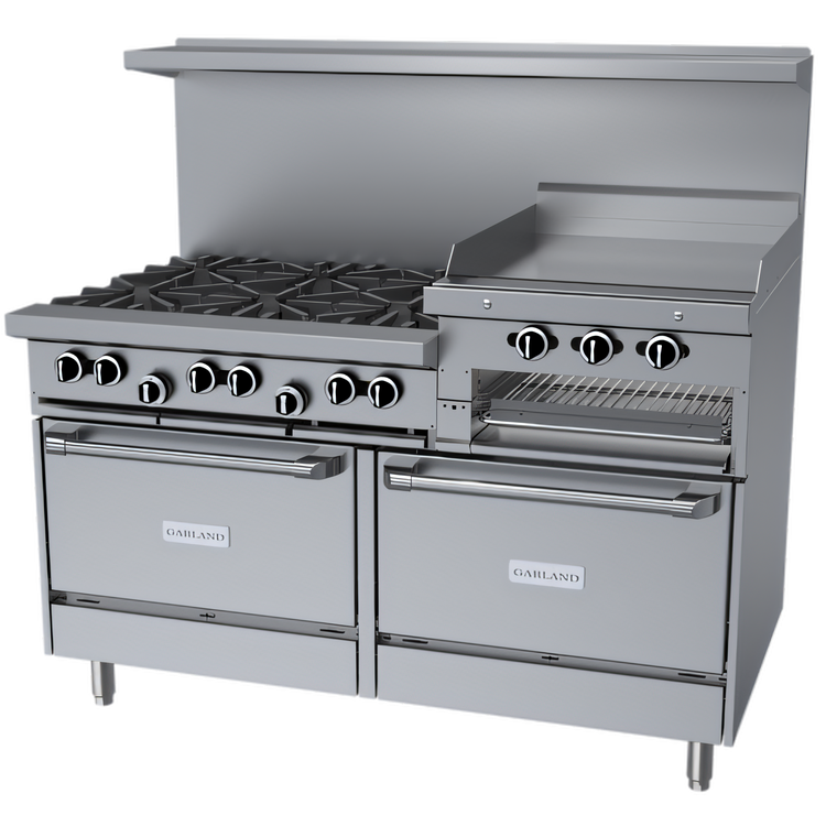 Product image #1 for Garland G Starfire Pro 60-Inch Commercial Gas Range with 6 Open Burners, 24-Inch Raised Griddle/Broiler and 2 Standard Ovens