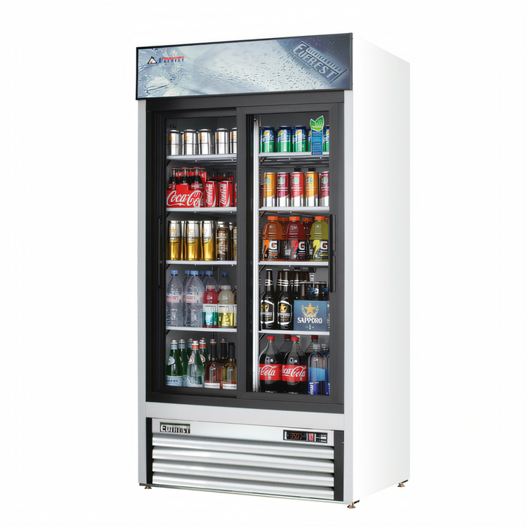 Product image #1 for Everest Refrigeration Two-Section Reach-In Sliding Glass Door Merchandiser Refrigerator, 33 Cu. Ft., Bottom-Mounted Self-Contained