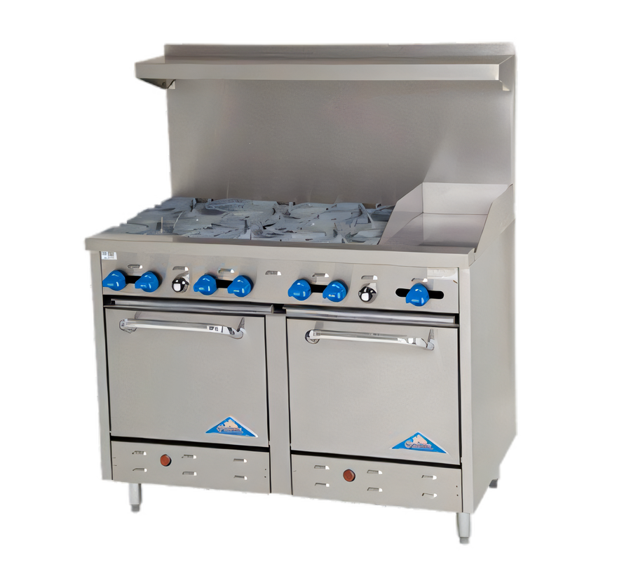 Product image #1 for Comstock-Castle 48-Inch Commercial Gas Range with 6 Open Burners, 12-Inch Griddle and 2 Space-Saver Ovens