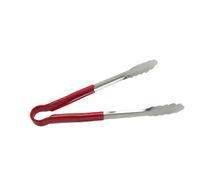 12-Inch One-Piece Scalloped Edge Utility Tongs with Red Poly-Coated Handle