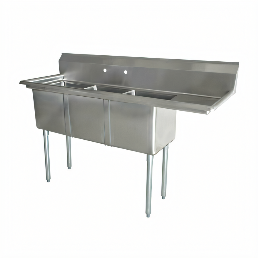 Product image #1 for Omcan USA 3-Compartment Pot Sink with Right-Hand Drainboard, 24 x 24 x 14 Inch Bowls, 304 Stainless Steel