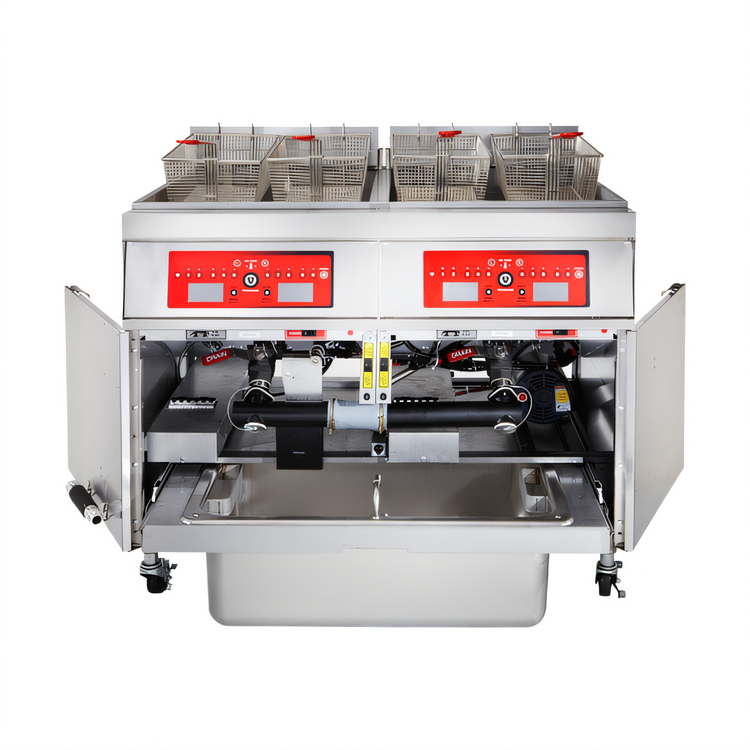 Product image #1 for Vulcan 3ER50AF Three-Battery Electric Floor Fryer with Built-In KleenScreen PLUS Filtration, Solid State Analog Controls, 50 lb. Per Vat