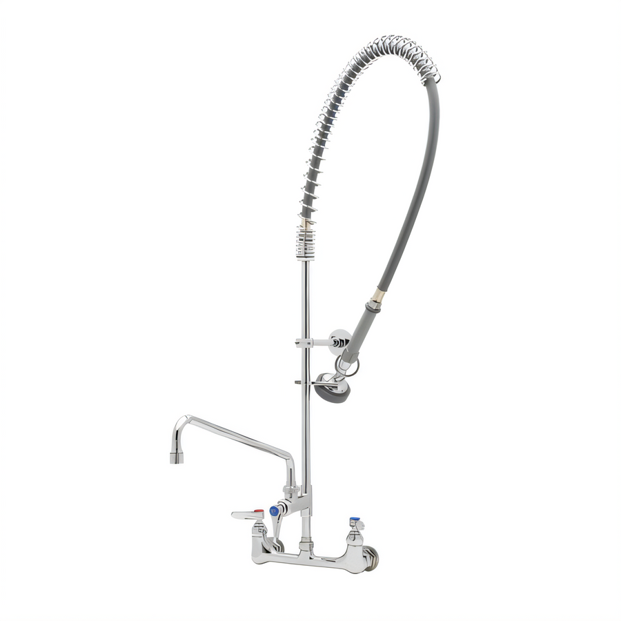 Product image #1 for T&S Brass EasyInstall 8-Inch Wall Mount Pre-Rinse Mixing Faucet with Add-On Faucet, 14-Inch Swing Nozzle, and 1.15 GPM Spray Valve