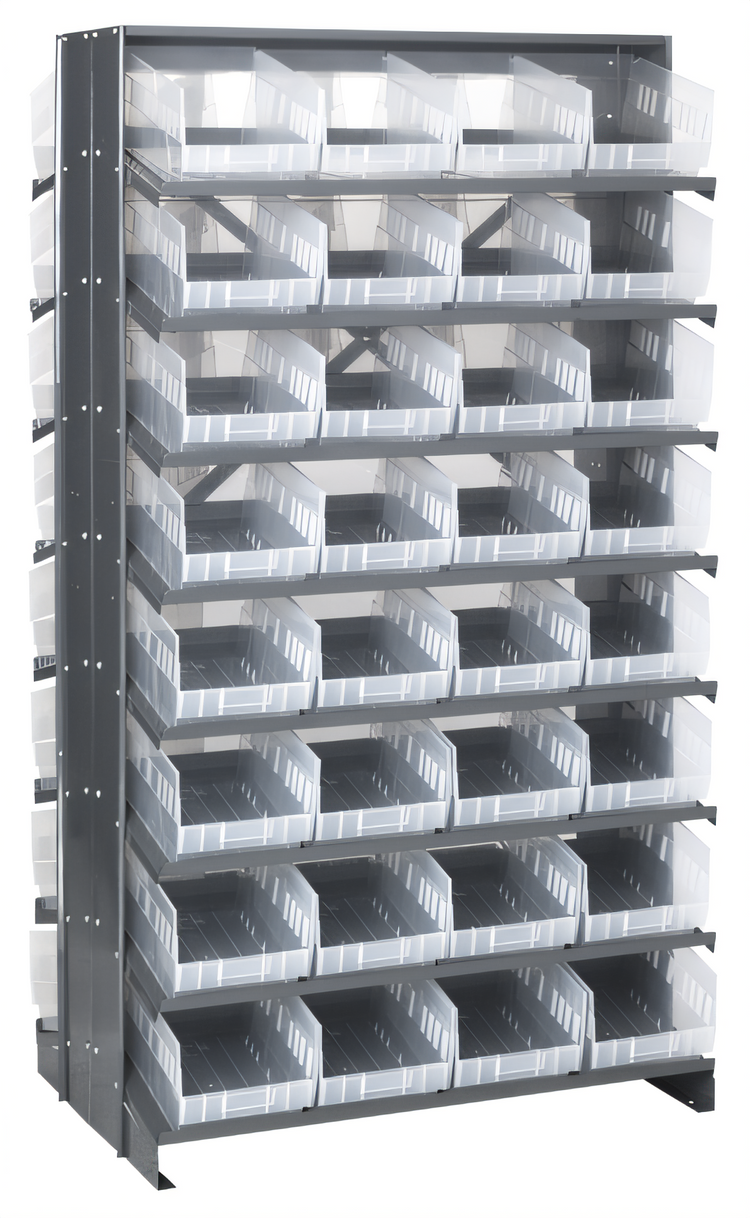 Product image #1 for Quantum 36 x 36 x 63-1/2 Inch Double-Sided Sloped Pick Rack with 64 Clear Bins