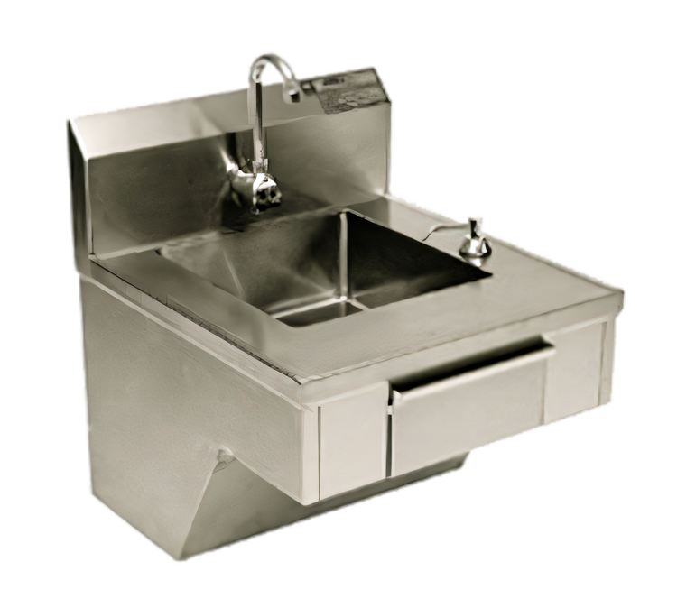 Product image #1 for Eagle Group Wall-Mount Physically Challenged Stainless Steel Hand Sink with 14" x 16" x 5" Bowl, Electronic Eye Faucet, Skirt, Soap Dispenser and Paper Towel Dispenser