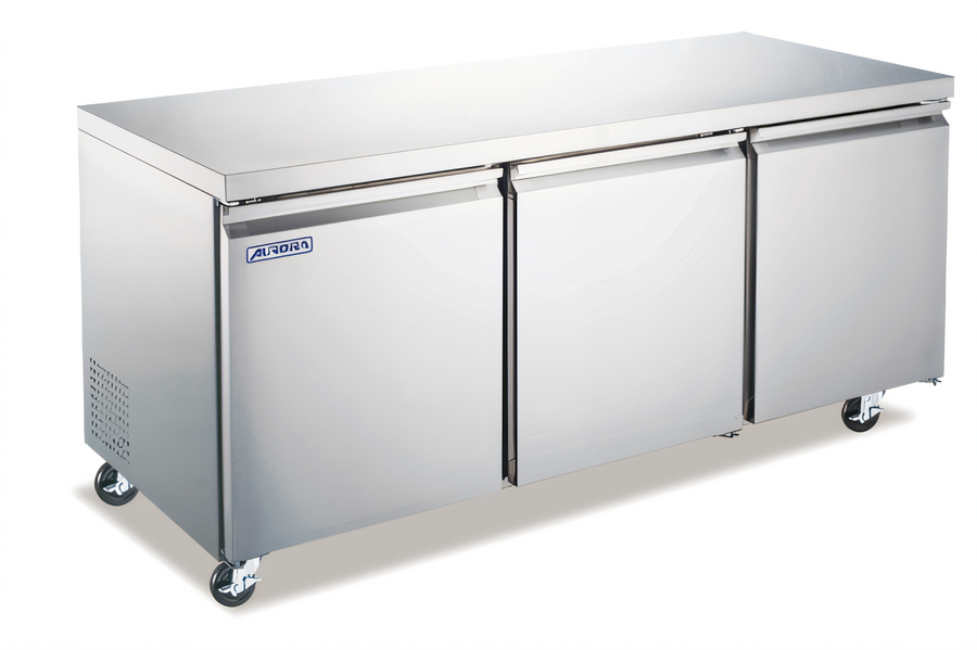 Product image #1 for Aurora 72-Inch Three-Section Undercounter Reach-In Refrigerator, Rear-Mounted Self-Contained, Solid Doors