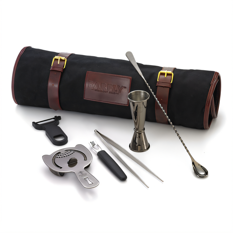 Product image #1 for Barfly Essentials 7-Piece Mixology Bar Tool Set with Waxed Canvas Roll, Gun Metal Black-Plated Finish