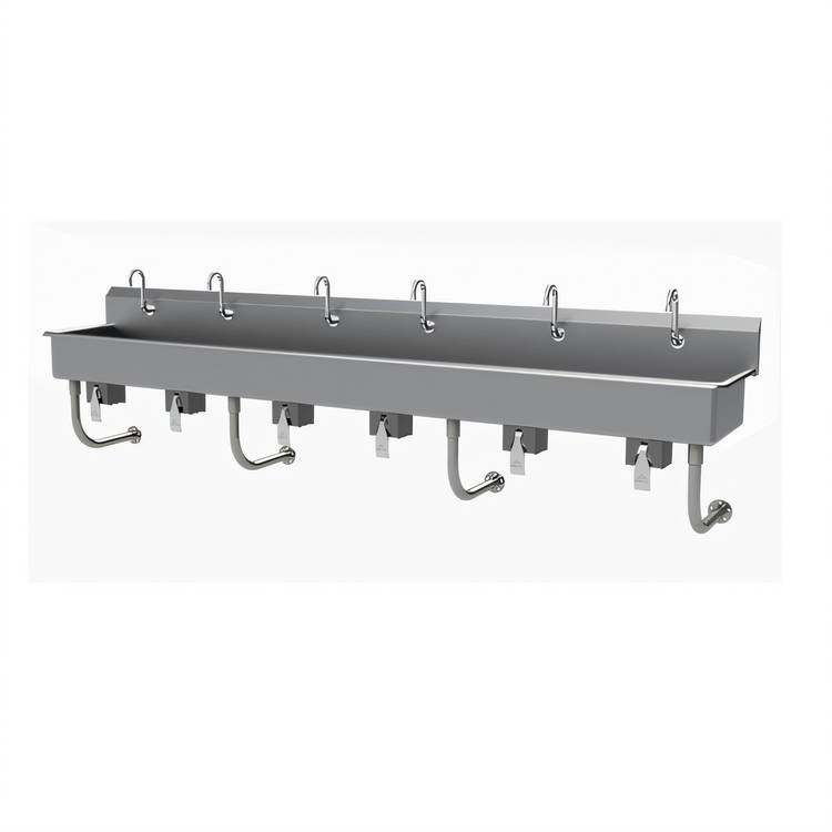 Product image #1 for Advance Tabco 6-Station Wall-Mounted Multiwash Hand Sink with Knee Valves and Gooseneck Spouts, 120-Inch, 16-Gauge 304 Stainless Steel