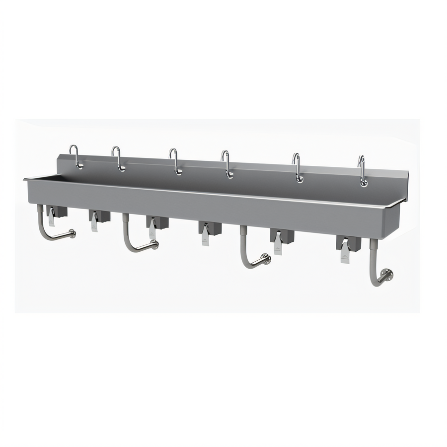 Product image #1 for Advance Tabco 6-Station Wall-Mounted Multiwash Hand Sink with Knee Valves and Gooseneck Spouts, 120-Inch, 16-Gauge 304 Stainless Steel