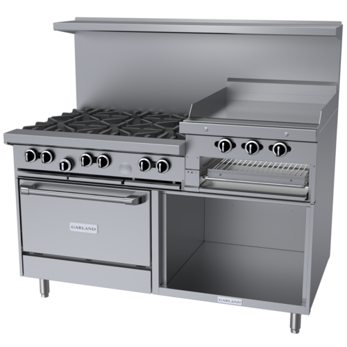 Product image #1 for Garland G Starfire Pro 60-Inch Commercial Gas Range with 6 Open Burners, 24-Inch Raised Griddle/Broiler, Convection Oven and Storage Base
