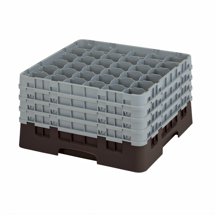 Product image #2 for Cambro Camrack Full Size Low Profile 36-Compartment Glass Rack with 4 Soft Gray Extenders, Brown, 9-3/8 Inch Max Height