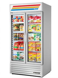 2-Section Glass Door Freezer Merchandiser, Self-Contained Bottom Mount, Hinged Doors