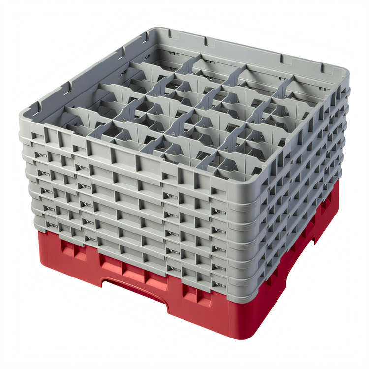 Product image #2 for Cambro Camrack Full-Size 16-Compartment Glass Rack with 6 Soft Gray Extenders, Red