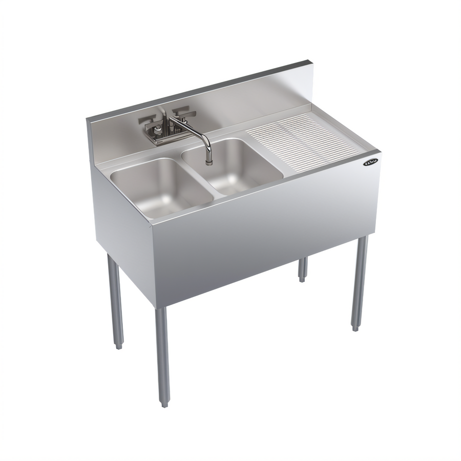 Product image #1 for Krowne Royal Series Two-Compartment Underbar Sink Unit with Right Drainboard, Swing-Spout Faucet, and 10-Inch Deep Bowls, 36 Inch x 19 Inch