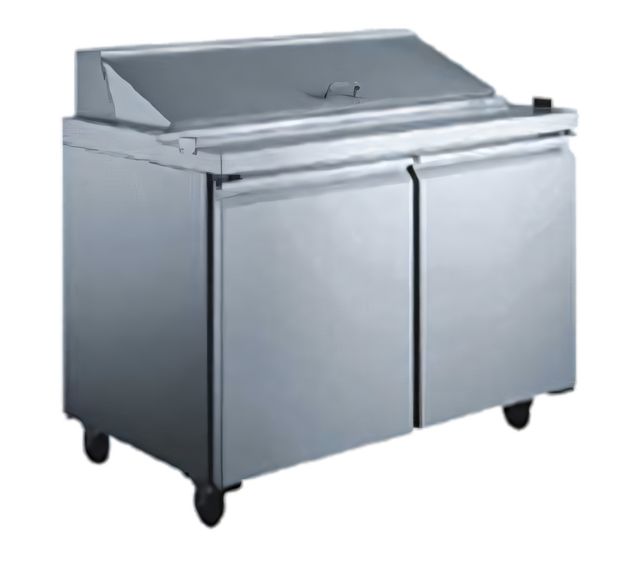 Product image #1 for Omcan 47-Inch Two-Section Refrigerated Sandwich/Salad Prep Table, Rear-Mounted Self-Contained, 9.5 Cu. Ft., Stainless Steel