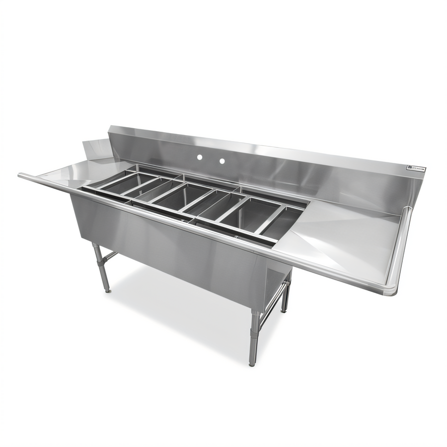Product image #1 for John Boos Three-Compartment Stainless Steel Dishtable/Pot Sink with Dual 24-Inch Drainboards and Left-Side Dish Machine Opening