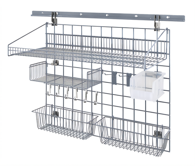 Product image #1 for Quantum Store Grid Medium-Duty Wall-Mounted Shelving Starter Kit with Shelf, Basket, Hooks and Clear Bin