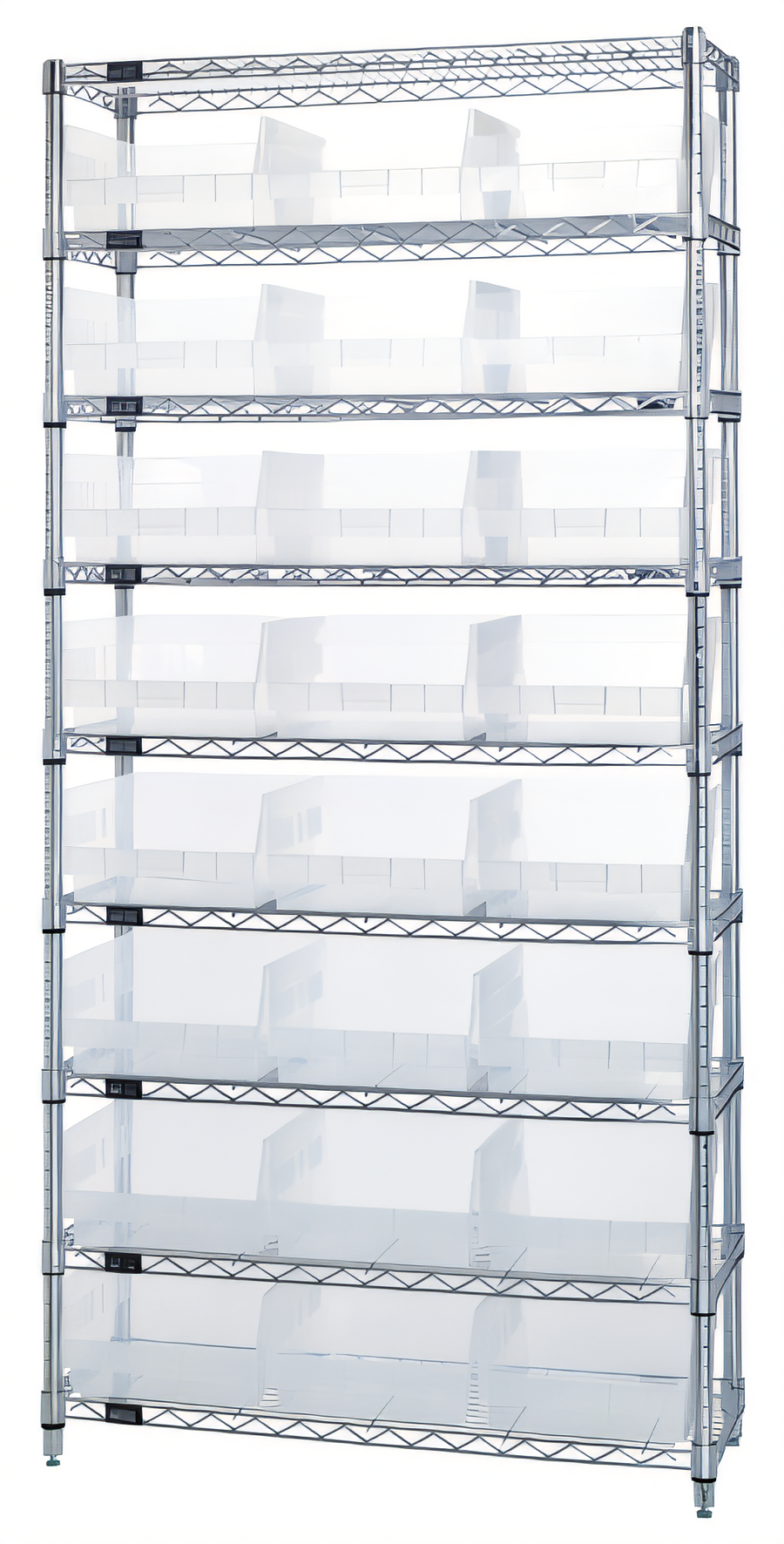 Product image #1 for Quantum 36"W x 24"D x 74"H Chrome Plated Stationary Wire Shelving Bin Storage System with 9 Shelves and 24 Clear Bins