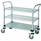 Thumbnail image #1 for Quantum WRC-2436-3CG 36 x 24 x 37-1/2 in. Chrome-Plated 3-Shelf Utility Cart with 2 Wire Shelves, 1 Solid Shelf and 1,200 lb. Capacity