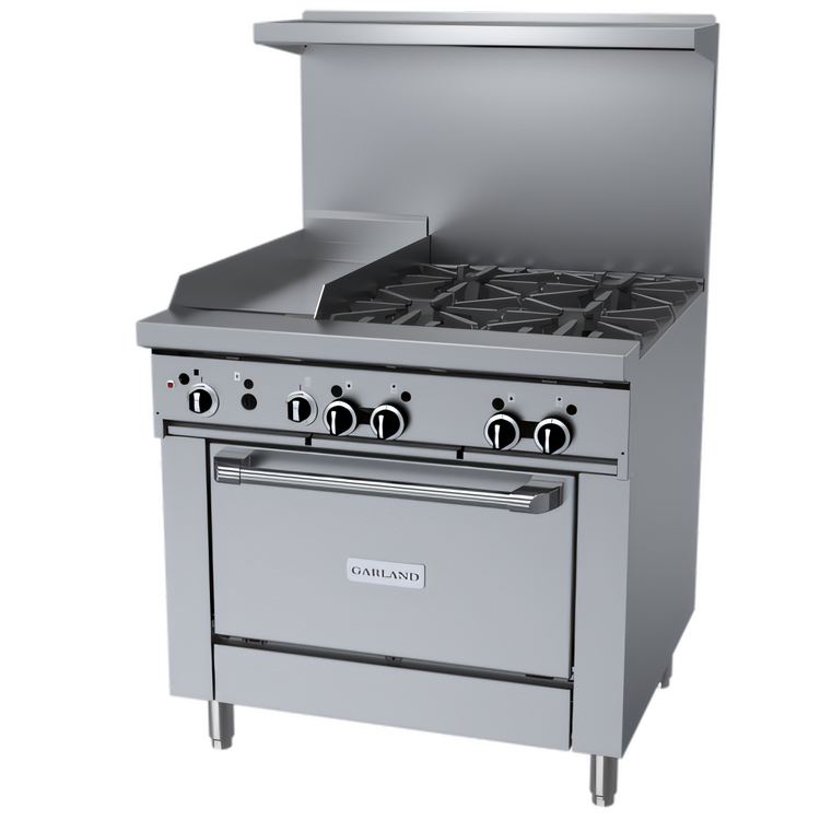 Product image #1 for Garland GFE Starfire Pro 36-Inch Gas Restaurant Range with 4 Open Burners, 12-Inch Thermostatic Griddle, and Standard Oven