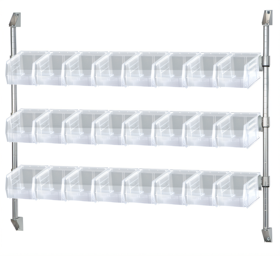 Product image #1 for Quantum Wall-Mounted Cantilever Bin Holder Starter Unit with 18 Clear Bins, 48"W x 10-7/8"D x 34"H, Chrome Plated